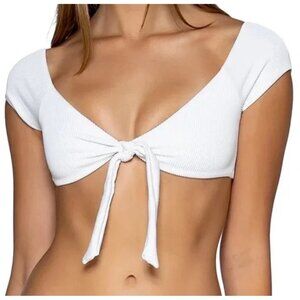 B. Swim Womens White Ribbed Crop Bikini Top Front knot Tie Resort Summer Beach